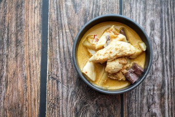 Close up of Thai chicken red curry with bamboo shoot. Thai food.