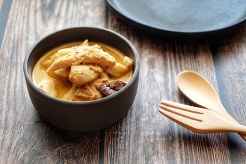 Close up of Thai chicken red curry with bamboo shoot. Thai food.