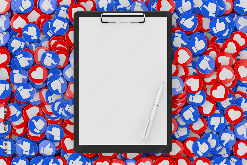 Poster clipboard with blank paper and pen over heap of social media network love and like heart badges coin