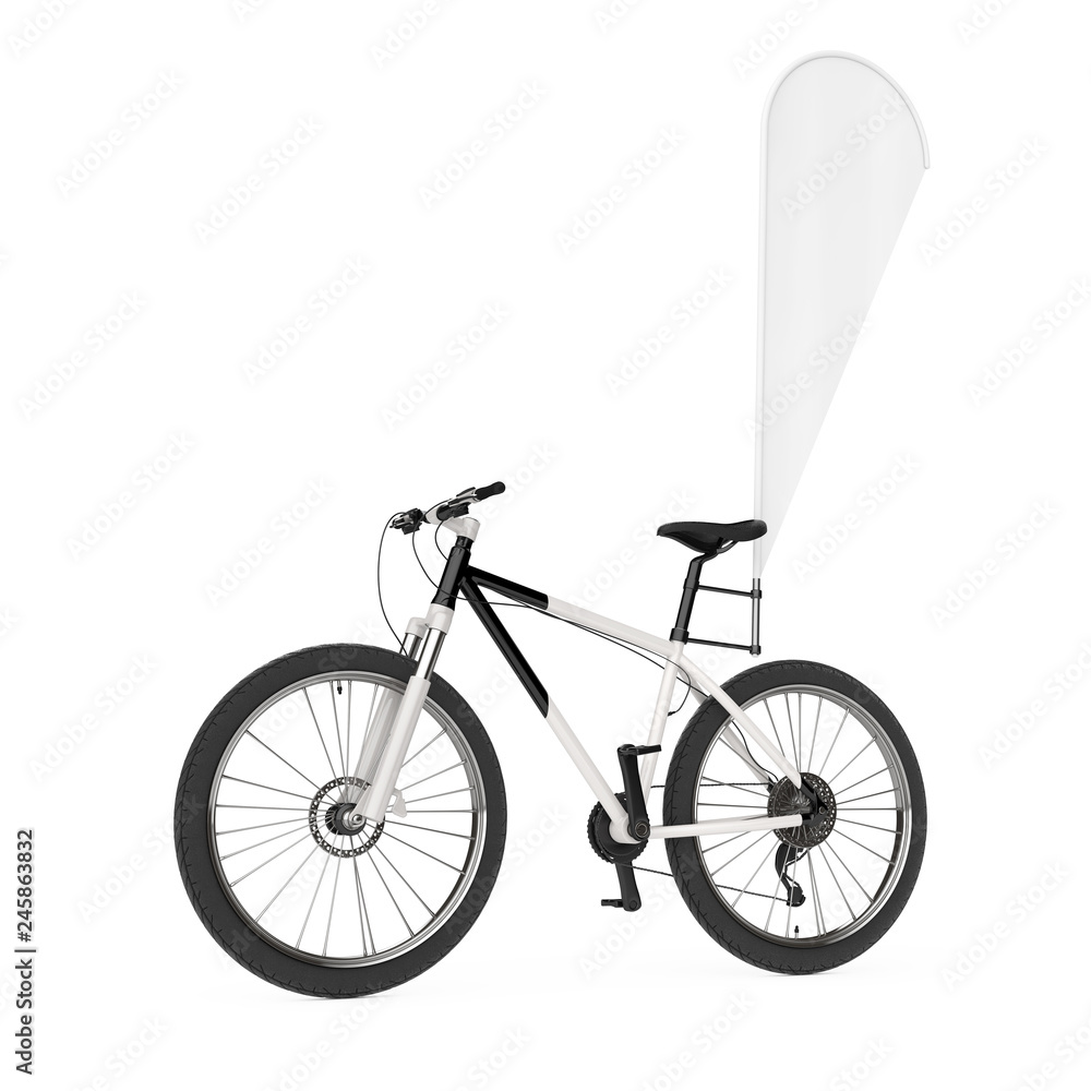 Poster mountain bicycle with blank banner promotion feather flag. 3d rendering