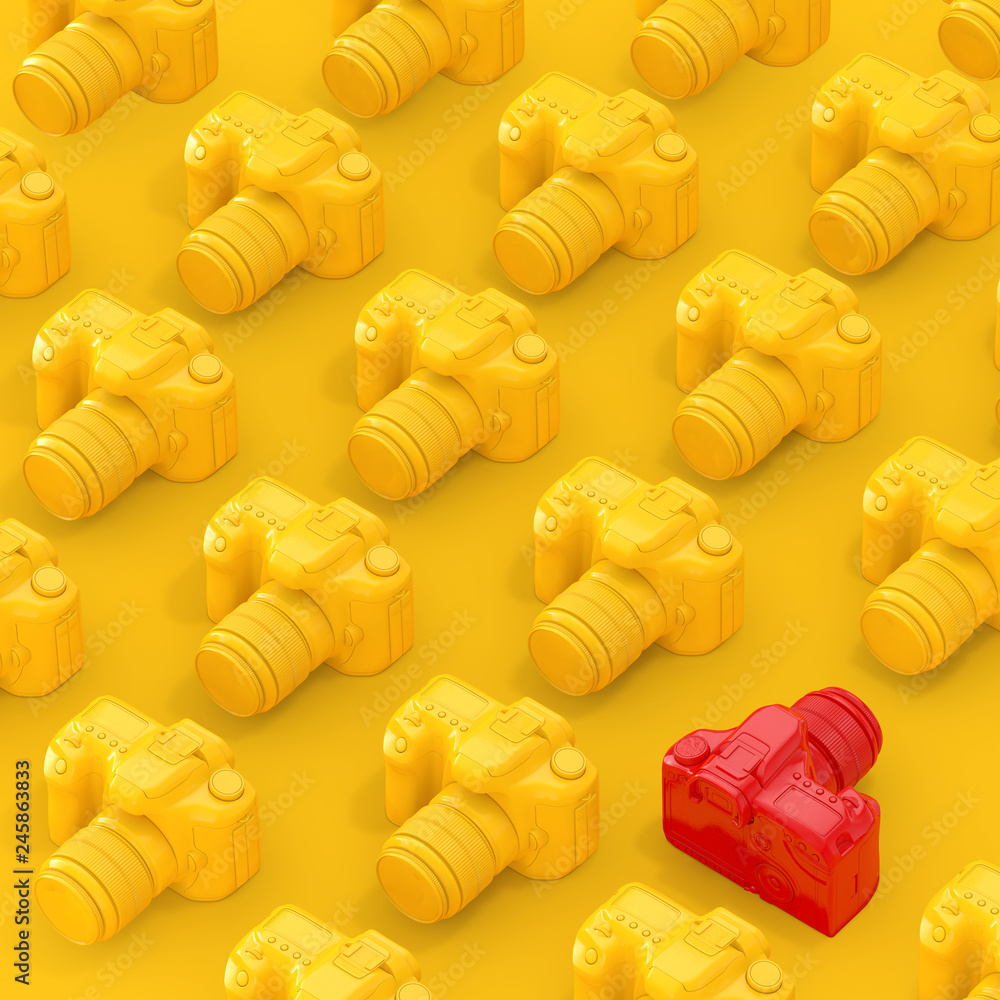 Poster rows of yellow modern digital photo camera with one red. 3d rendering