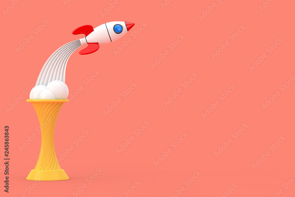 Poster space exploration concept. pedestal with toy cartoon rocket. 3d rendering