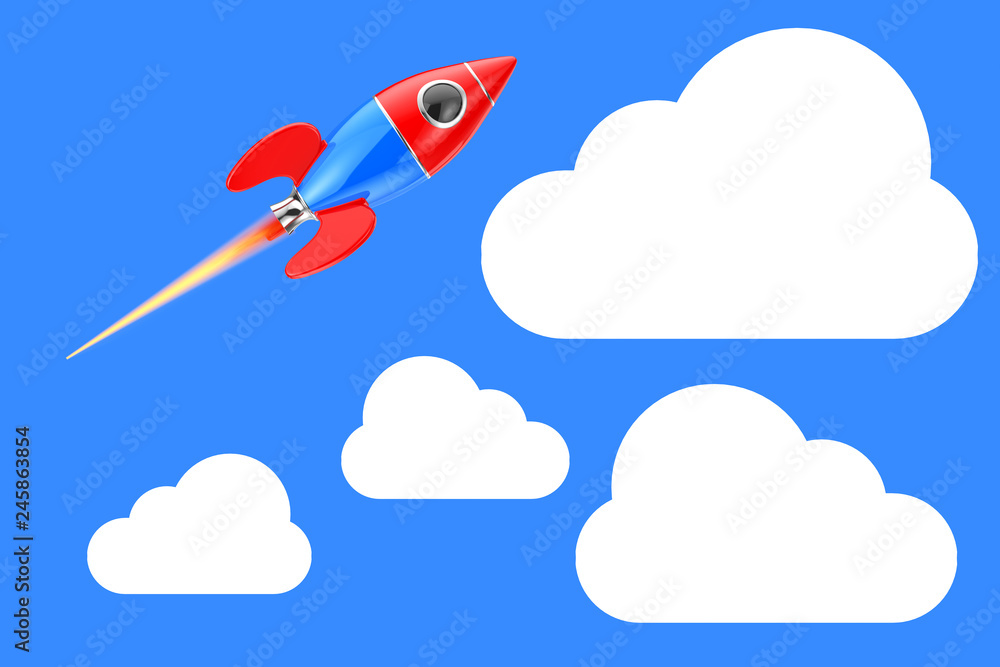 Aufkleber cartoon toy rocket in the sky with clouds. 3d rendering