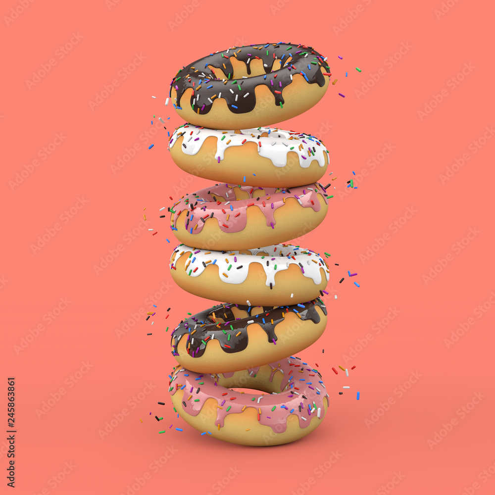 Poster Stack of Big Strawberry Pink and Chocolate Glazed Donut with Color Sprinkles. 3d Rendering