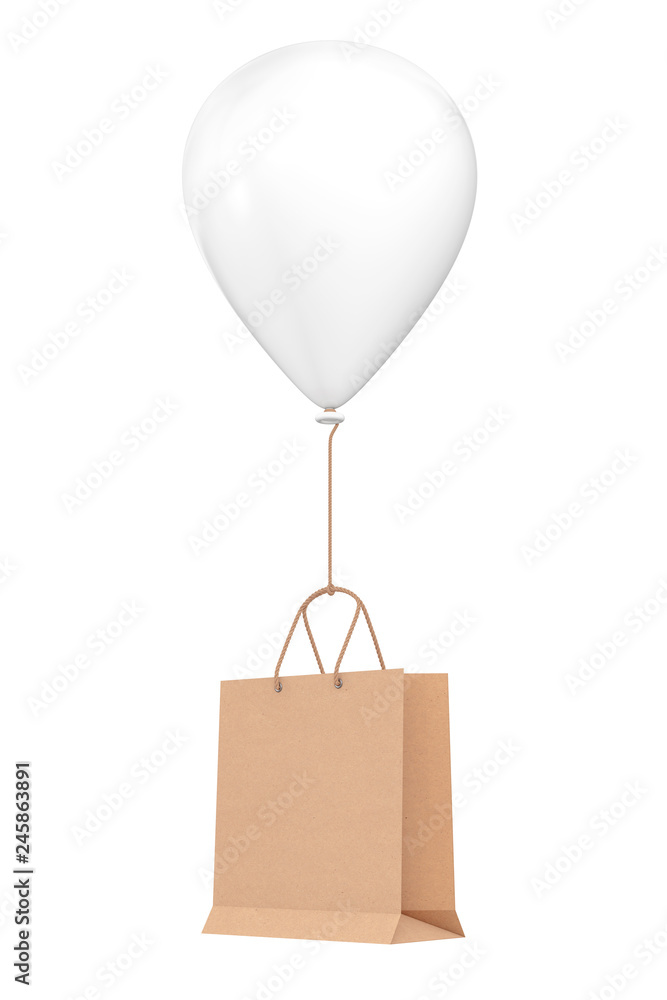 Poster brown recycled paper shopping bag floating with white hellium balloon. 3d rendering