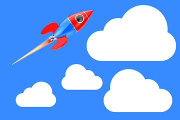 Cartoon Toy Rocket in the Sky with Clouds. 3d Rendering