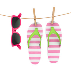 Colorful Modern Flip Flops with Pink Sunglasses Hanging on Clothesline. 3d Rendering