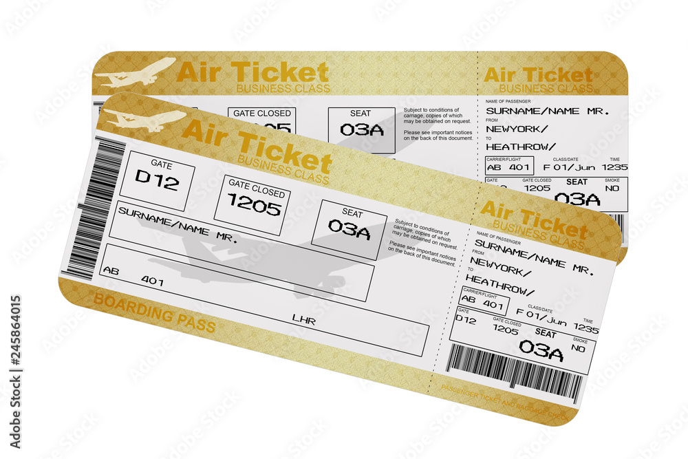 Poster golden business or first class airline boarding pass fly air tickets. 3d rendering