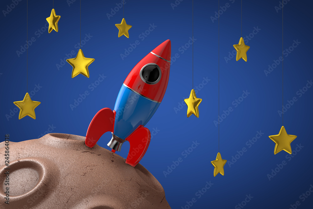 Poster Toy Rocket over Abstract Planet in Space with Golden Stars. 3d Rendering