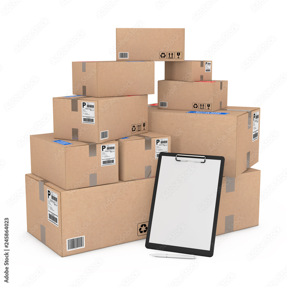 Aufkleber clipboard with blank paper mockup and pen near heap boxes of goods. 3d rendering