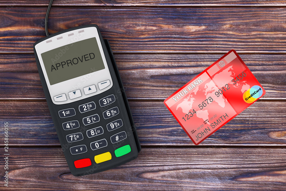Aufkleber credit card payment terminal with red credit card. 3d rendering