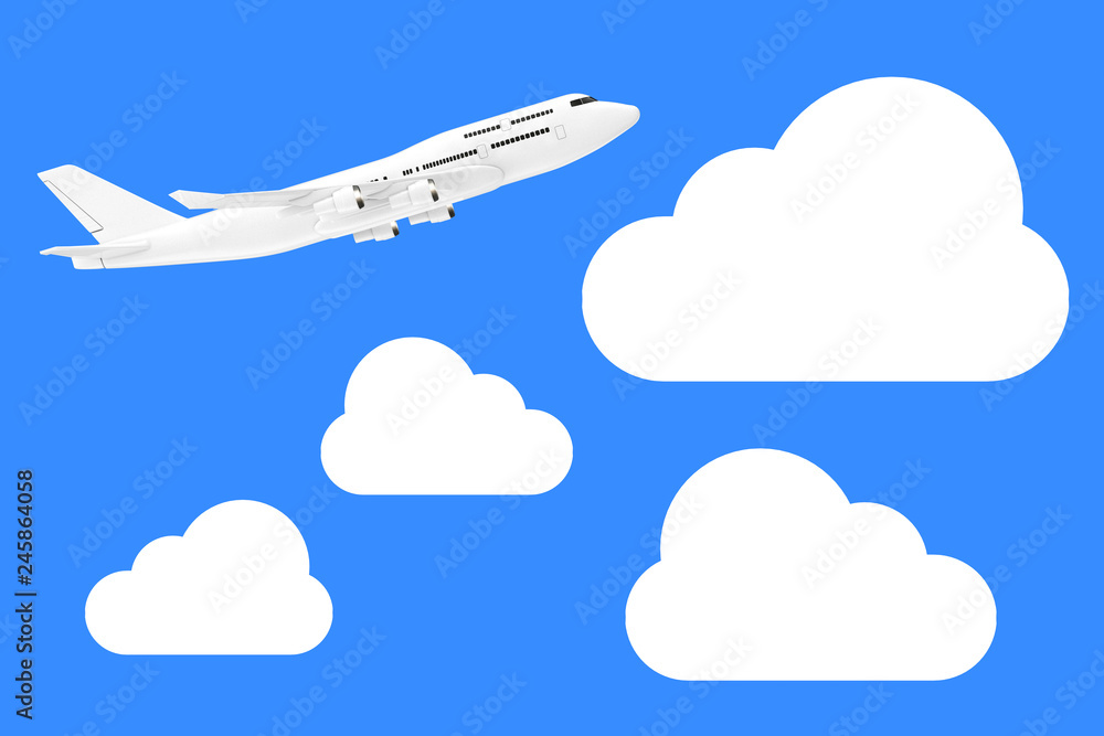 Poster white jet passenger's airplane in the sky with clouds. 3d rendering