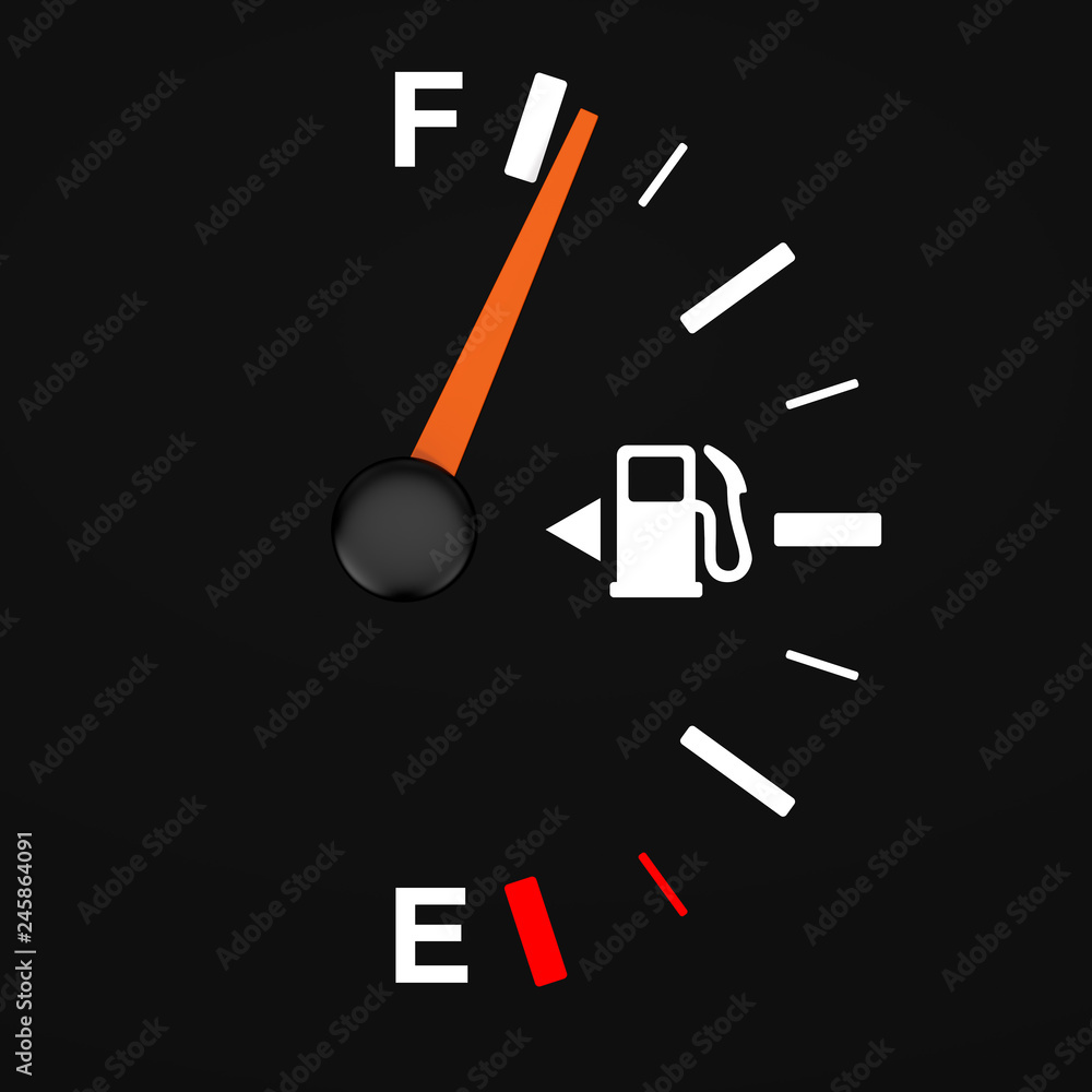 Poster fuel dashboard gauge showing a full tank. 3d rendering