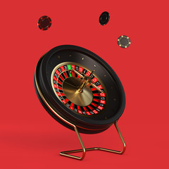 Black Casino Roulette Wheel with Poker Casino Chips. 3d Rendering
