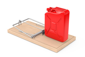 Fake Fuel Concept. Red Metal Jarrycan in Wooden Mousetrap. 3d Rendering