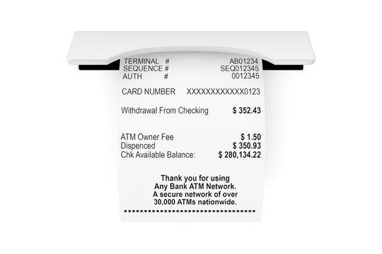 Printed Abstract Shopping Paper Bill Receipt ATM Mockup. 3d Rendering