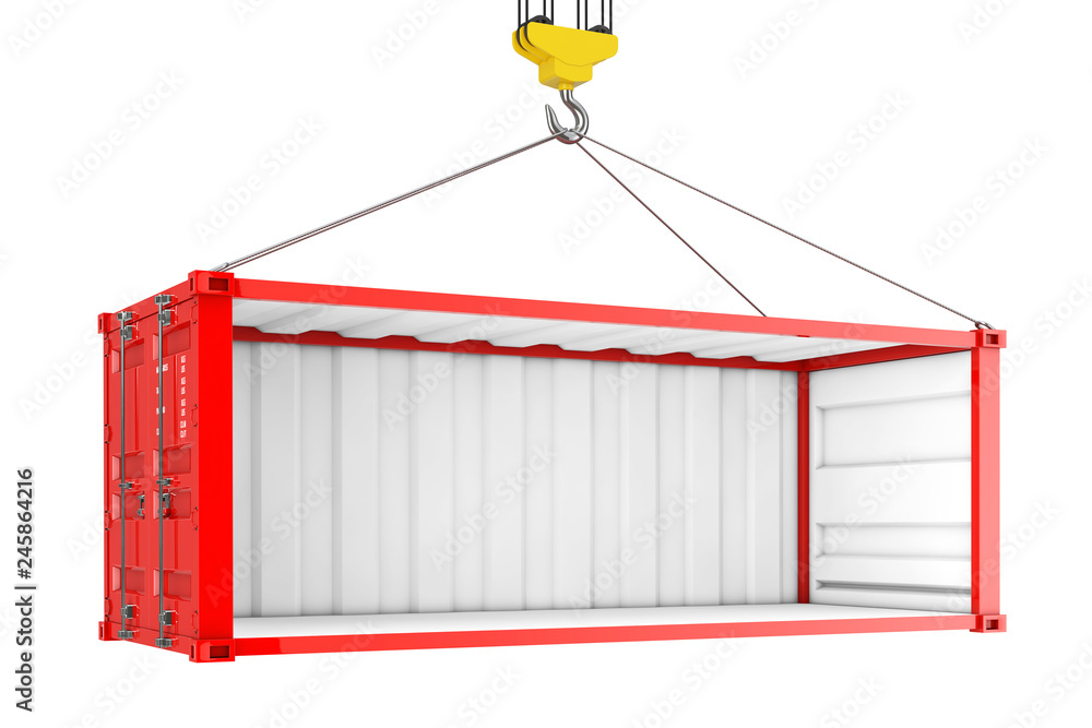 Poster Empty Red Shipping Container with Removed Side Wall During Transportation with Crane Hook. 3d Rendering