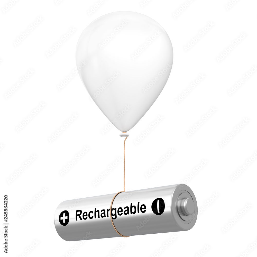 Poster rechargeable battery floating with white hellium balloon. 3d rendering