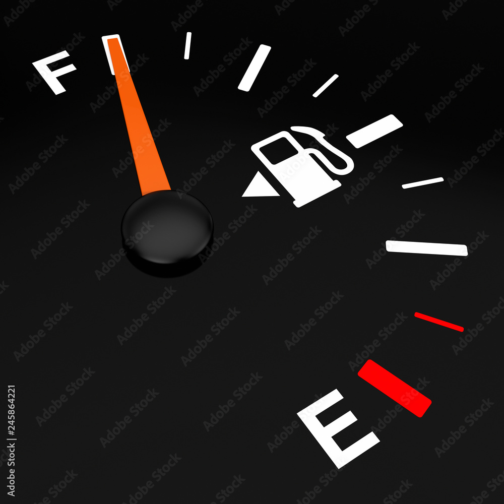 Poster fuel dashboard gauge showing a full tank. 3d rendering