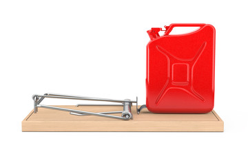 Fake Fuel Concept. Red Metal Jarrycan in Wooden Mousetrap. 3d Rendering