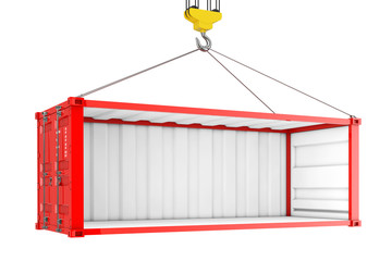 Empty Red Shipping Container with Removed Side Wall During Transportation with Crane Hook. 3d Rendering