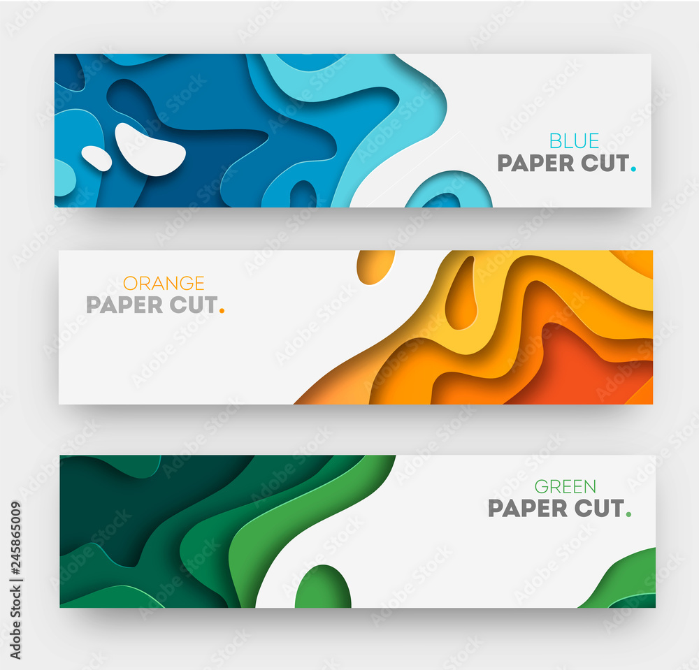 Poster horizontal banners with 3d abstract background, white paper cut shapes. vector design layout for bus