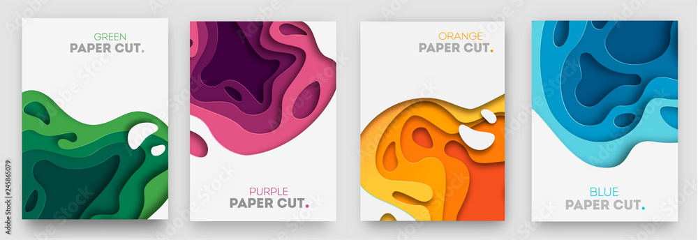 Poster vertical banners set with 3d abstract background and paper cut shapes. vector design layout for busi