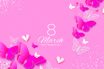 Tropical 8 March. Pink Womens day greeting card with paper cut butterfly. Origami exotic spring holidays. Text. Happy Mothers Day.