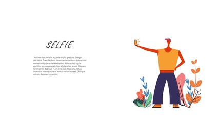 Stylized selfie guy with leaves on a white background. Young boy with a phone in his hand, a yellow t-shirt and a baseball cap makes a selfie. Vector illustration of a young man on vacation or tourism