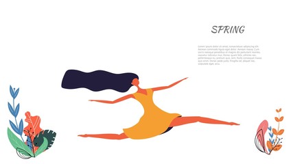 Abstract stylized girl in a jump on a white background. The concept of spring and spring break. A young woman in a yellow dress makes a bounce in a joyful mood. Vector illustration
