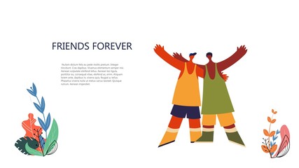 Two best friends stylized characters on a white background with plant elements. Friendship forever concept. Vector illustration