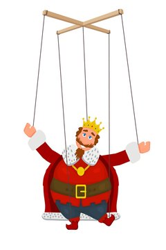 Doll marionette king in a golden crown on a white background. Element of children's puppet theater. Child's toy, theatrical doll. Vector illustration