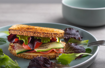 homemade sandwich with bacon and cheese