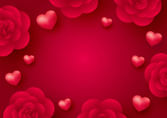 Rose flowers and hearts on red background for valentine's day vector illustration