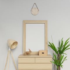 scandinavian interior 3d render illustration of empty a1 poster mock up template with vertical frame sitting on wooden drawer in front view