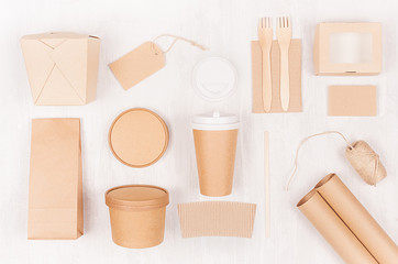 Food takeaway set mockup for brand - different container and box of kraft paper for asian cuisine, blank label, coffee cup  on white wood board.
