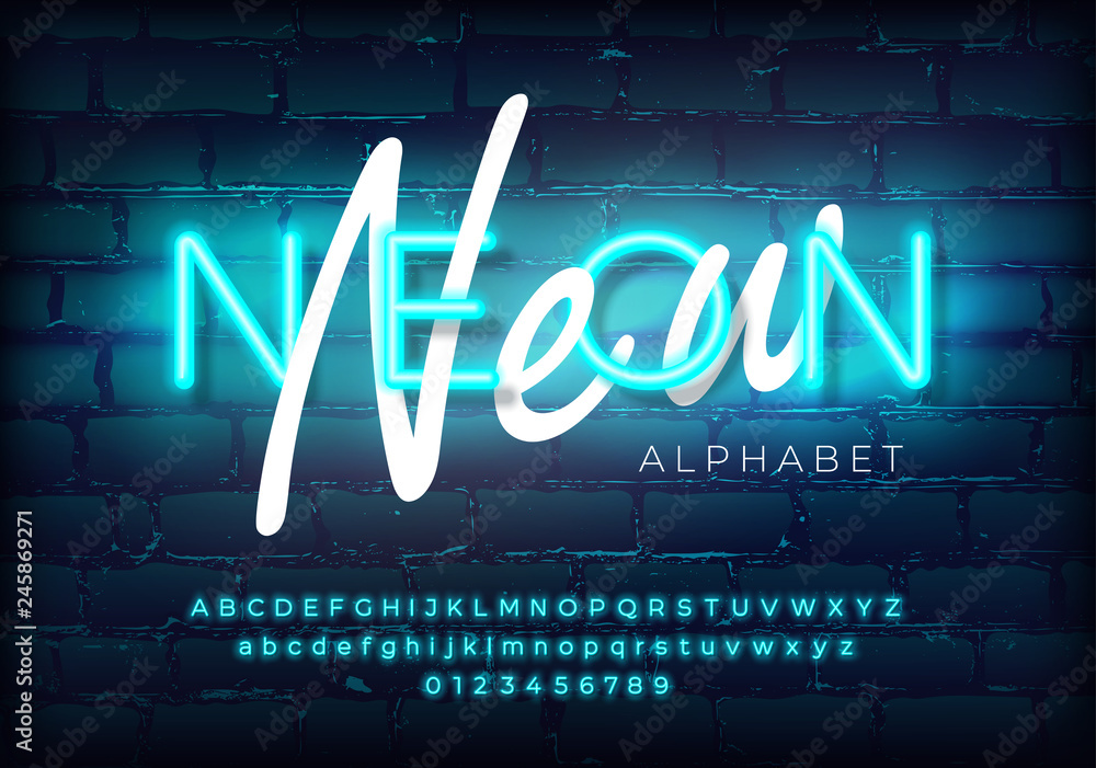 Poster azure neon set glowing alphabet with numbers. isolated luminescent font on brick wall background. ve