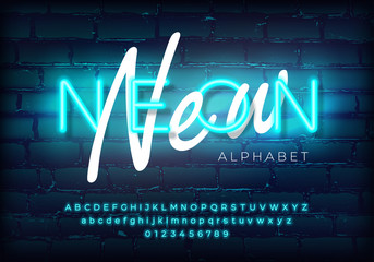 Azure neon set glowing alphabet with numbers. Isolated luminescent font on brick wall background. Vector illustration