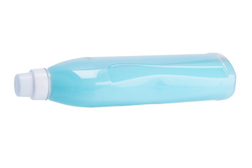 blue fabric softener in bottles isolated on white
