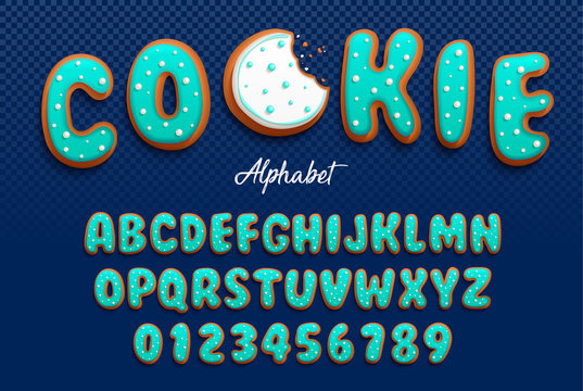 Vector cartoon font and alphabet in the form of cookies in royal icing with decorative tiny balls made with sugar for decoration. Isolated on darck transparent background
