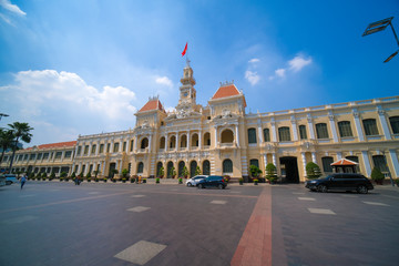 Fototapeta premium HO CHI MINH VIETNAM - 05, 2020: Panorama view of the Ho Chi Minh City Hall or Ho Chi Minh City People's Committee. People Committee building is famous places for travel in Ho Chi Minh city, Vietnam