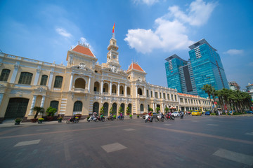 Fototapeta na wymiar HO CHI MINH VIETNAM - 05, 2020: Panorama view of the Ho Chi Minh City Hall or Ho Chi Minh City People's Committee. People Committee building is famous places for travel in Ho Chi Minh city, Vietnam