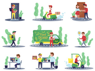 Flat vector set of delivery workers and customers. Courier riding scooter. Guy holding bag with order. Food service