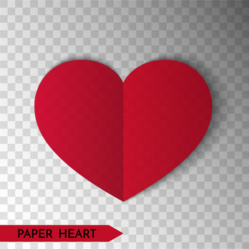 Red paper heart isolated on transparent background. Symbol of love. Vector design element for Valentine s day.