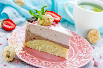 Chocolate strawberry cake, summer diet cheesecake from cottage cheese  with strawberries and chocolate
