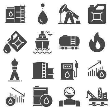 Petrol icons set. Oil pump and petrol icon with oil drop, tanker ship
