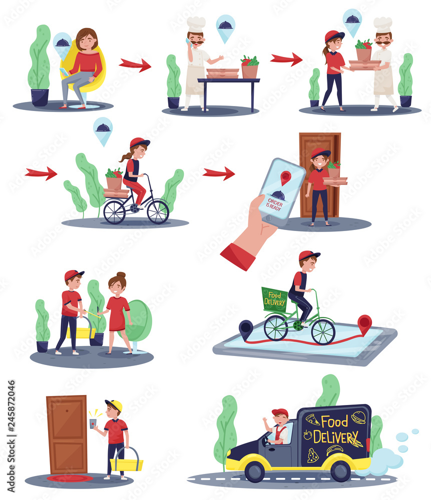Poster flat vector illustrations showing customer order and delivery process. delivery workers doing their 