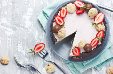 Chocolate strawberry cake, summer diet cheesecake from cottage cheese  with strawberries and chocolate
