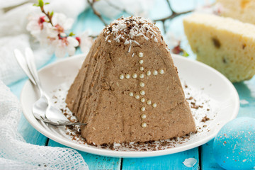 Russian Easter paskha, traditional curd easter cake with chocolate