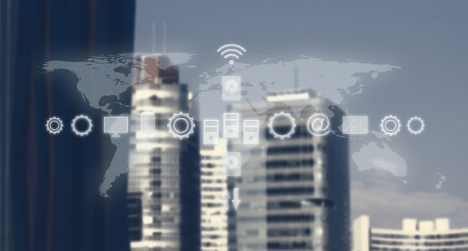 High Tech Global Business Model. Smart City And World Map With Services and Icons, Internet of Things, Networks, Communication